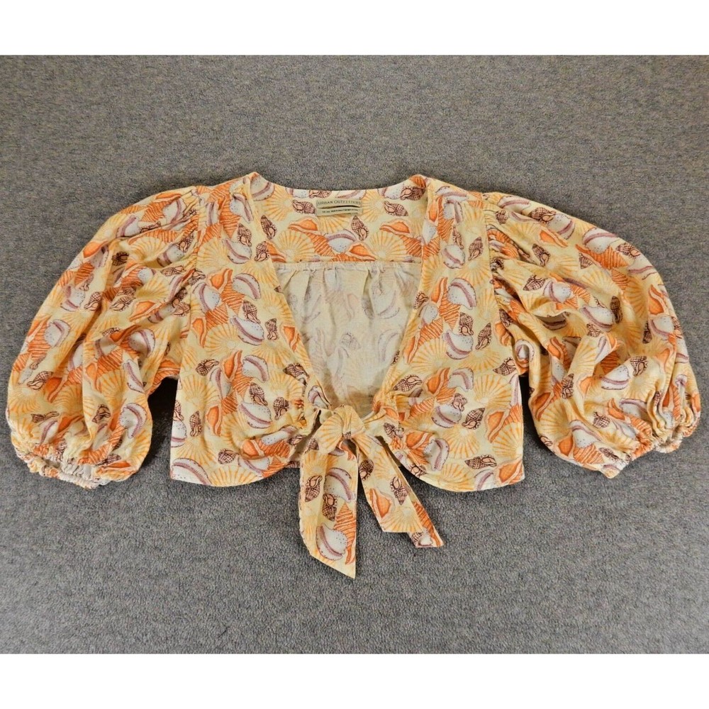Urban Outfitters Womens Shirt Medium Crop Top Seashell Puff Sleeve Beach Linen